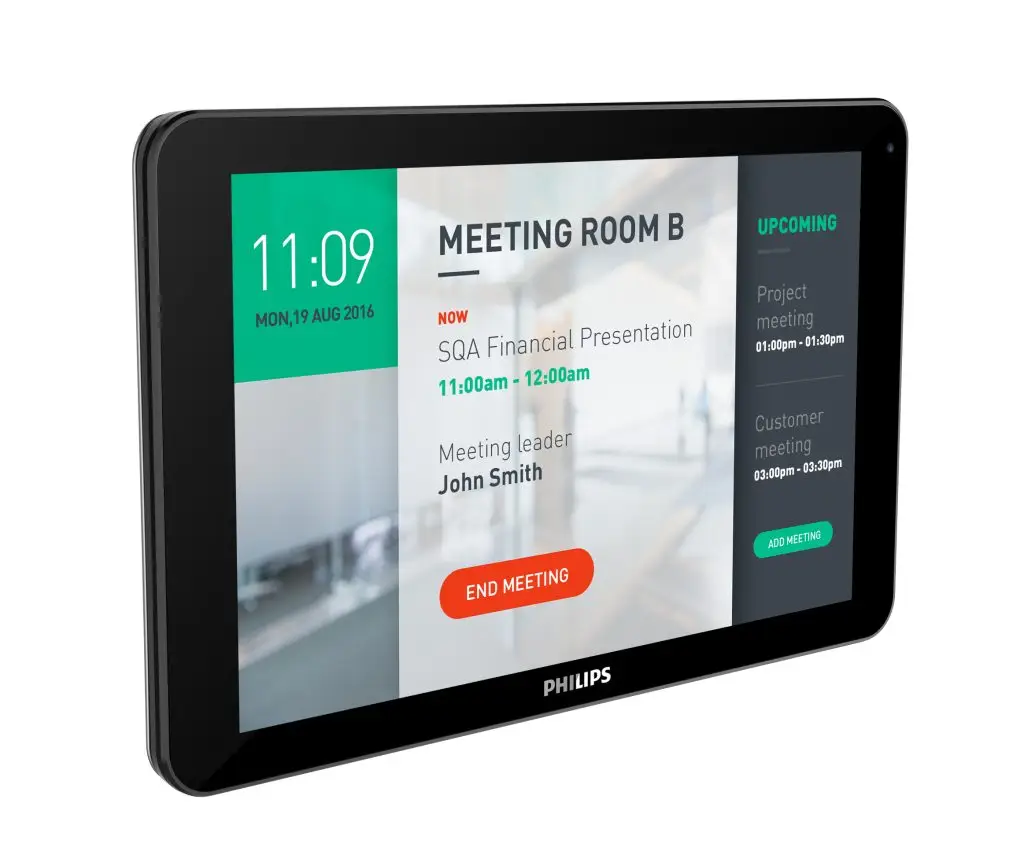 10-inch Philips PRO display showing a committee room's schedule at the Congress of New Caledonia