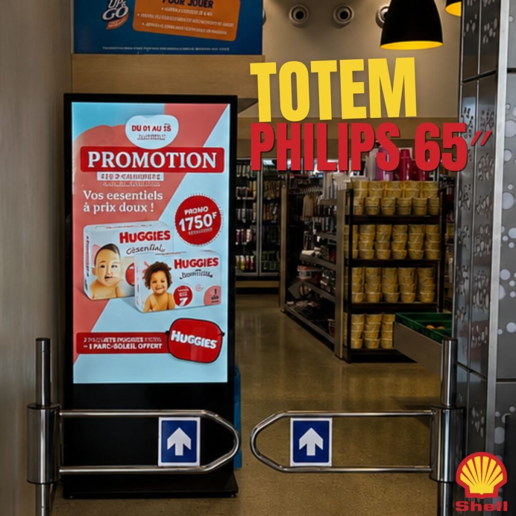 Totem professionnel Philips 65 pouces installé à la station Shell Victoire