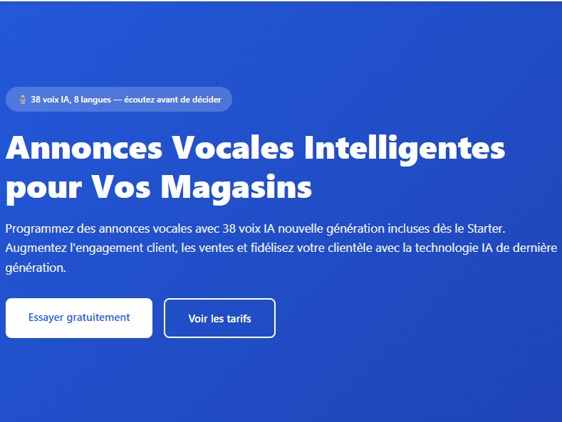Page d'accueil de VisualCall : annonces vocales intelligentes pour magasins, 38 voix IA en 8 langues