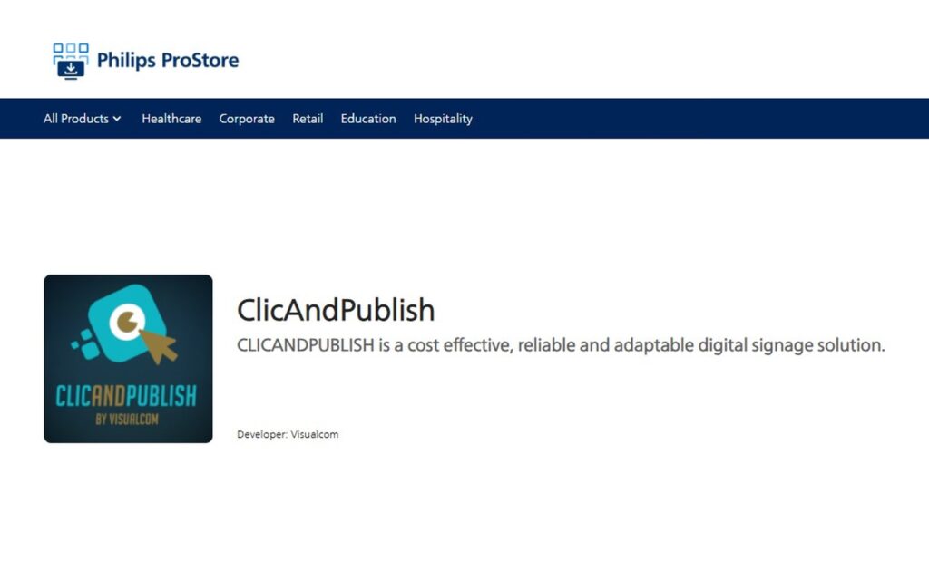 Fiche de l’application ClicAndPublish by VisualCom sur le Philips ProStore